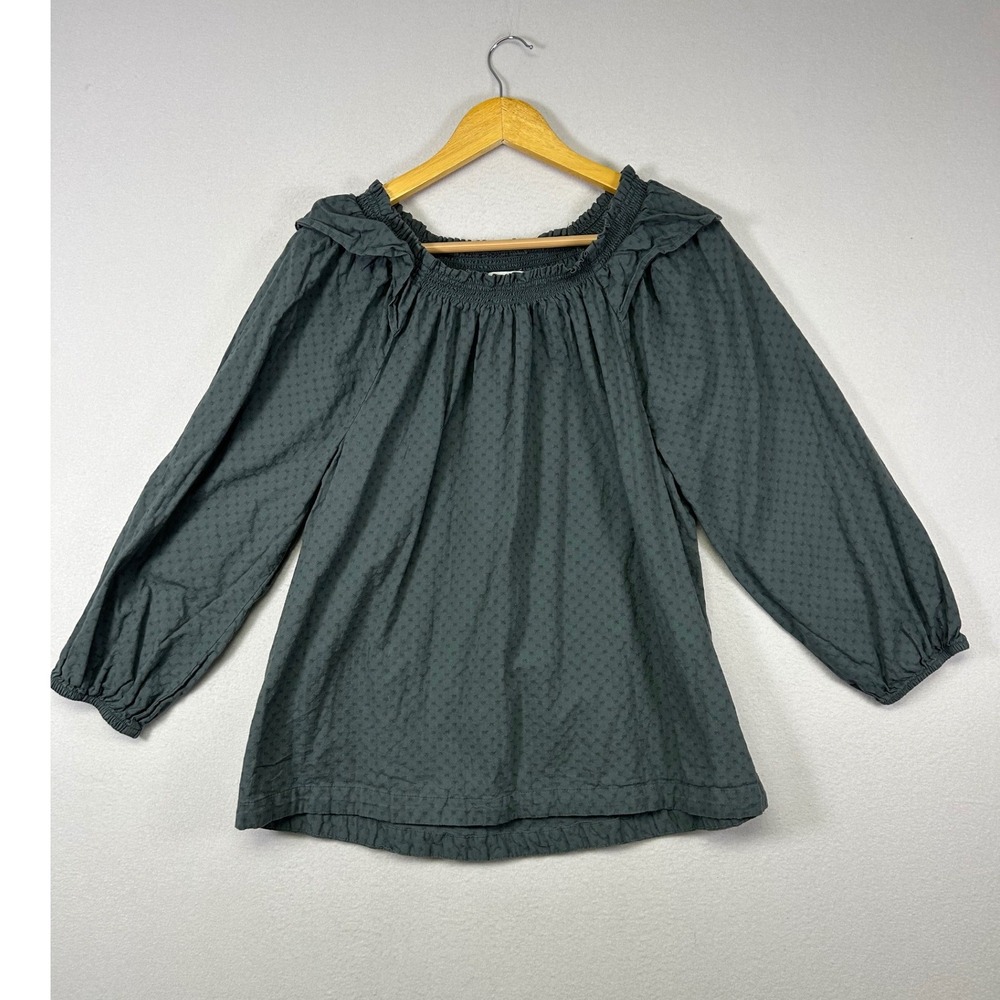 Boho Cottagecore Sonoma Women Large Dark Green Swiss Dot Ruffle Peasant Blouse